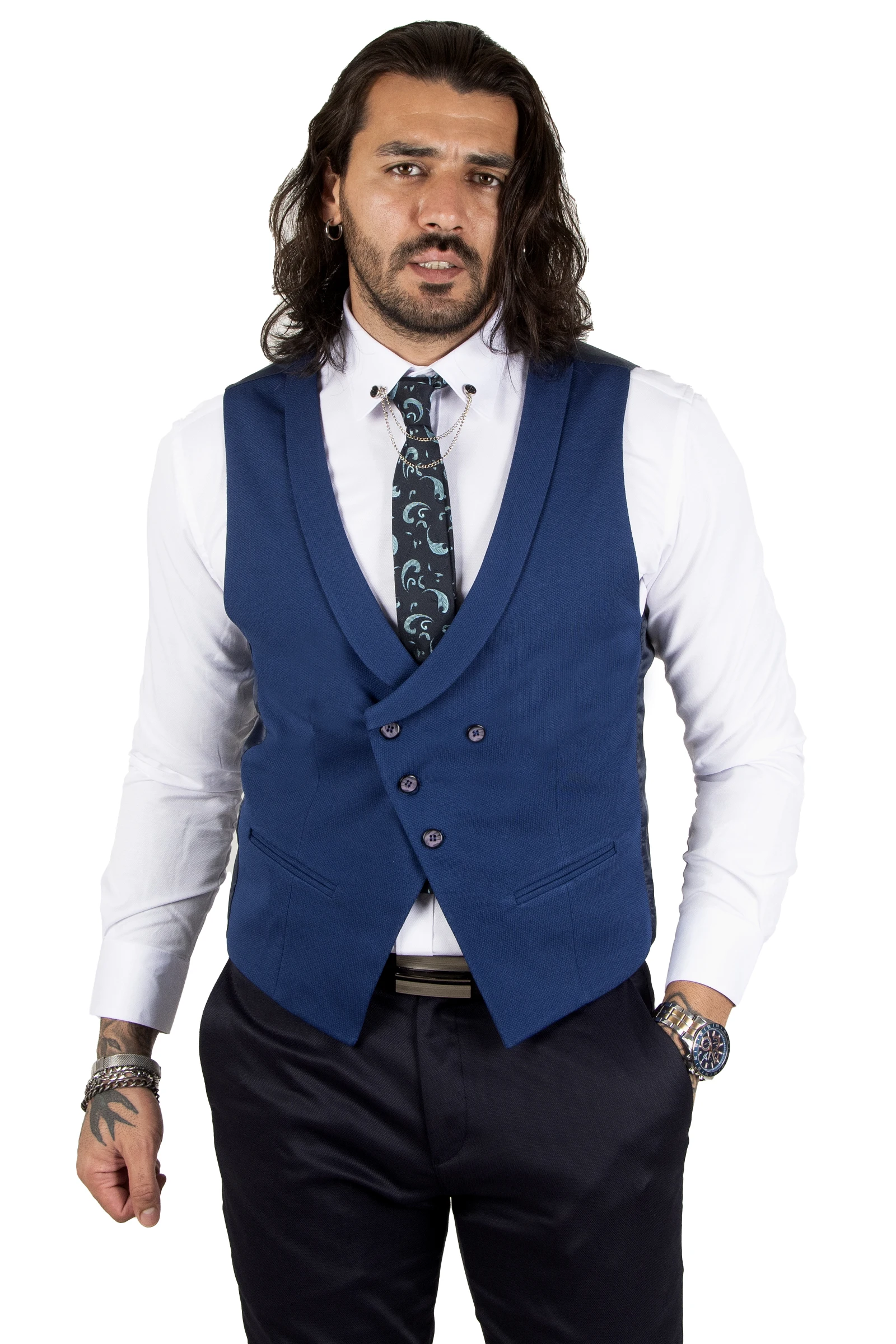 DeepSEA Patterned Narrow Cut Collar Cross Button Male Cepken-Vest 2006102