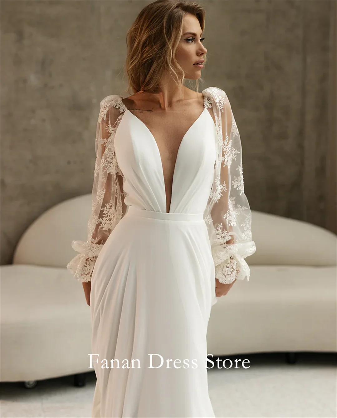 Fanan Boho-Chic Pernyataan Pernikahan Gaun Tebal Lengan Disesuaikan Chiffon Ruched Gading Gaun Pesta Pengantin Pernikahan & De Novia