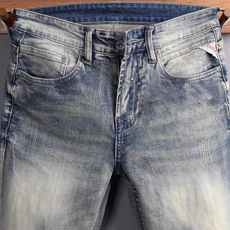

Italian fashion new men's jeans stretch slim fit retro washed blue jeans designer high-quality pants hombre