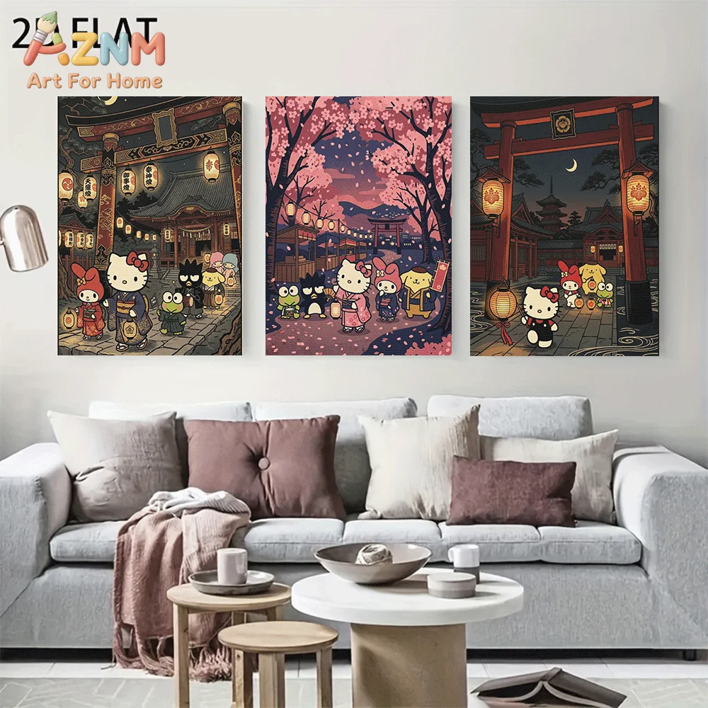 AZNM Sanrio Hello Kitty Friends Japanese Shrine Torii Gate Canvas Wall Art Unframed Cute Cartoon Cherry Blossom Night Lantern Sc