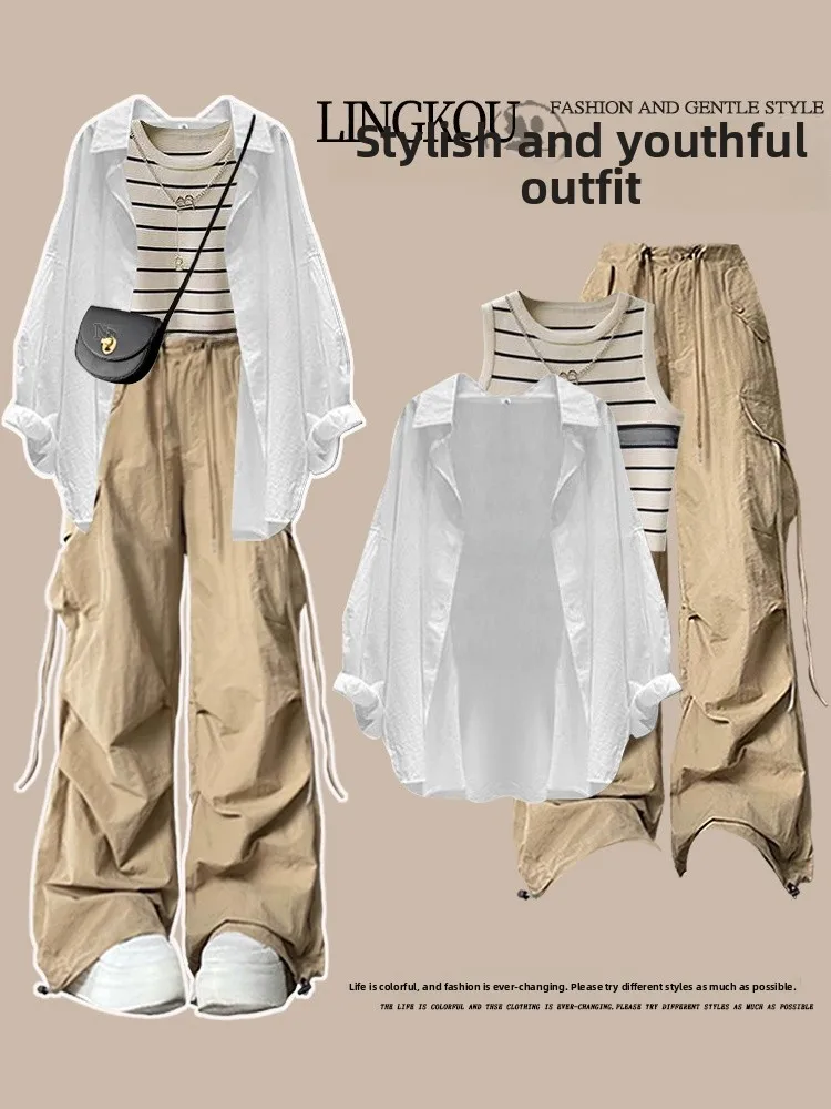 Large Size Commute Sun Protection Set Stripe Vest Versatile Sunscreen Shirt Slimming Workwear Casual Pants Fashionable Ensemble