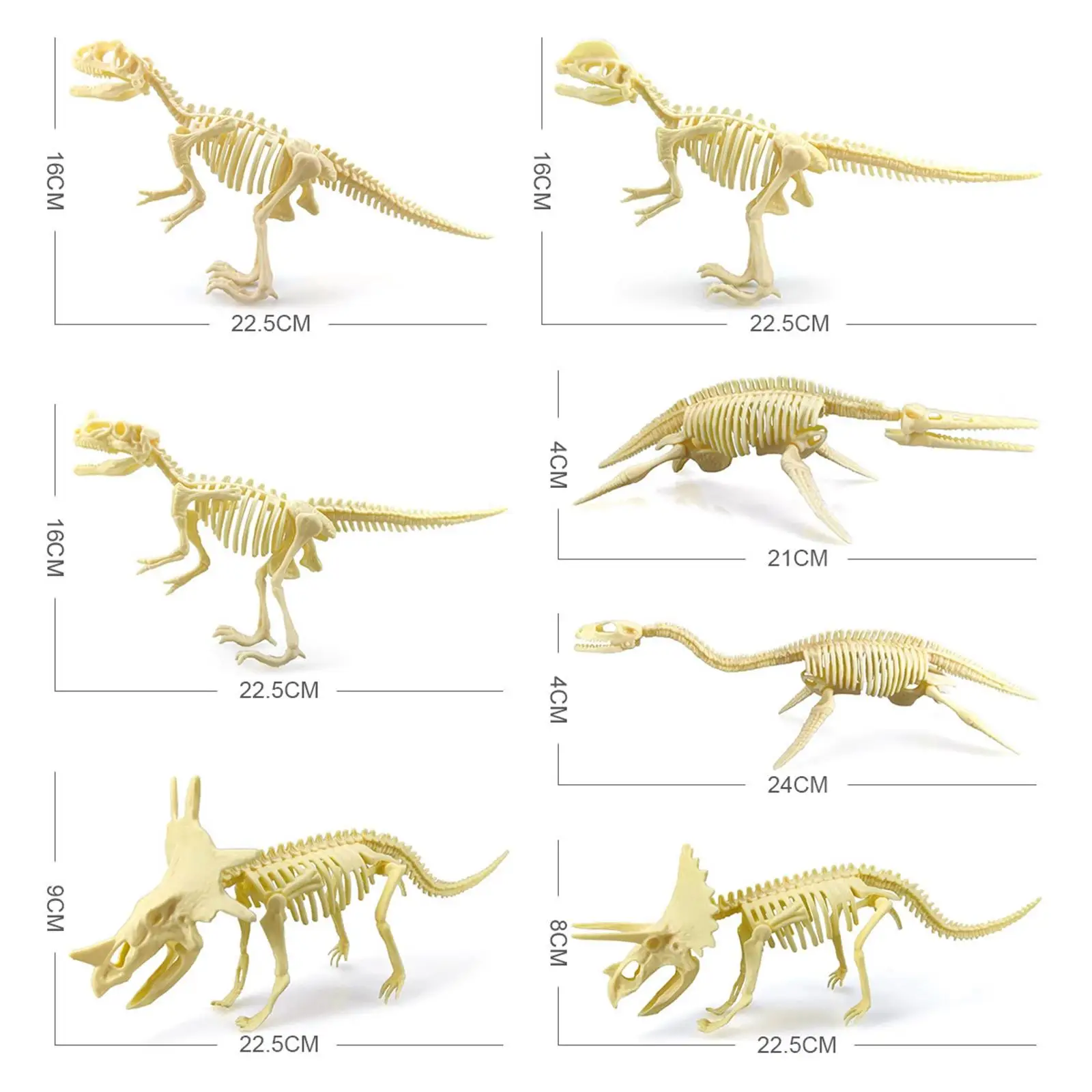 Dinosaur Skeleton Models Figurines, coleção aniversário para crianças, 7pcs