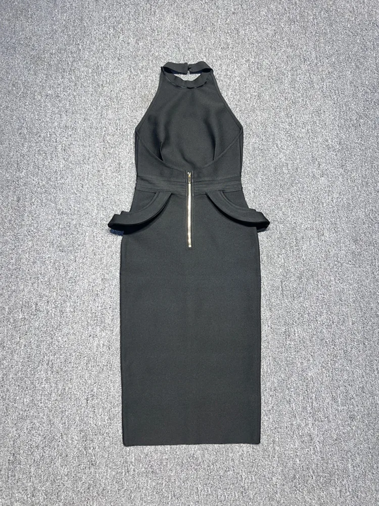 DURCH Frauen Sexy rückenfreies Neckholder-Rüschen, schwarzes Midi-Split, figurbetontes Verbandkleid 2024, Abend-Club-Party-Marke