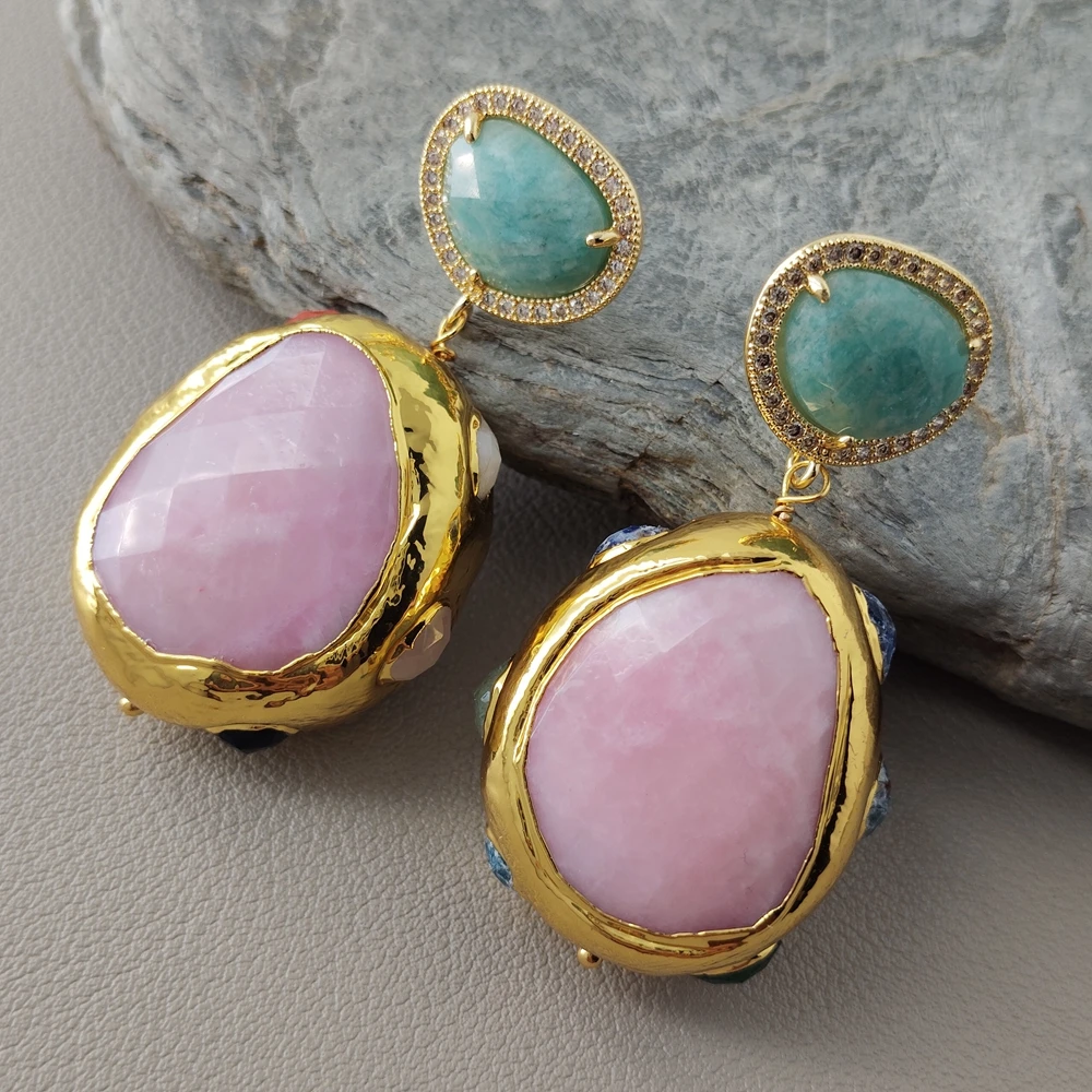 Y·YING Pink Jade Multi Color Crystal Dangle Stud Earrings Green Amazonite Handmade Jewelry