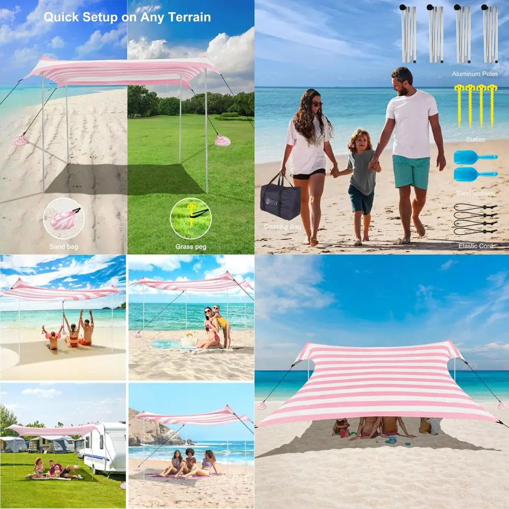 

Портативная пляжная палатка 10x10 UV50+, удобное навесное устройство с песчаными якорями, идеально подходит для развлечений на свежем воздухе в розовых полосках