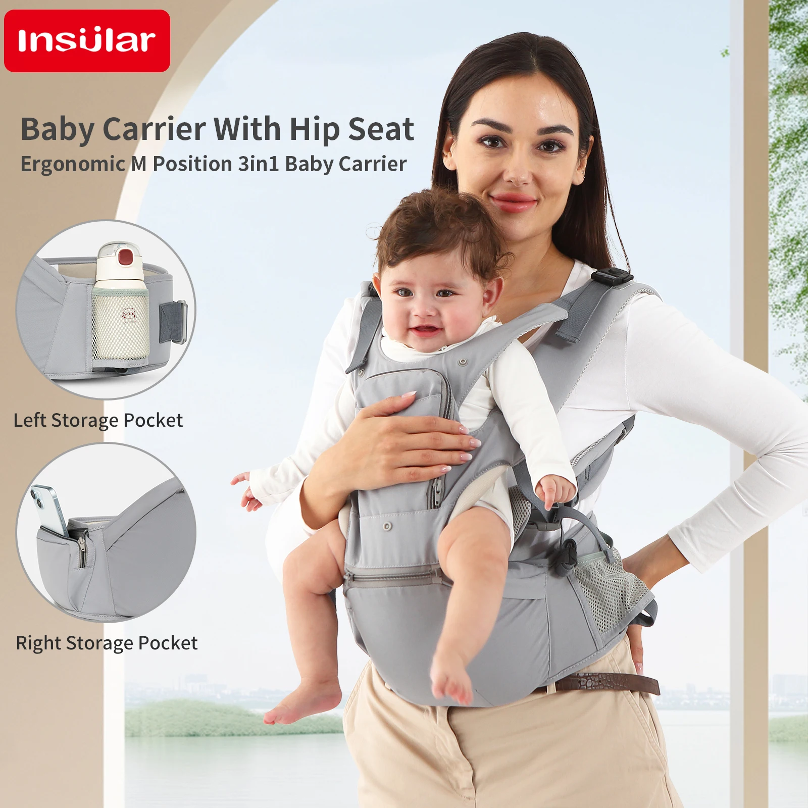 

INSULAR Baby Front Facing Carrier with Waist Stool & Hipseat, Extra Storage Pockets, Breathable Infant Carrier for Newborn