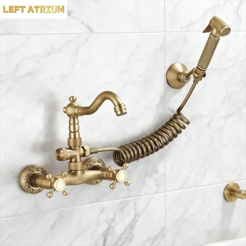 Kitchen Faucets with Spray Gun Antique Style Balcony Hot and Cold Mixed Water Faucet Brass Retro Sink Taps
