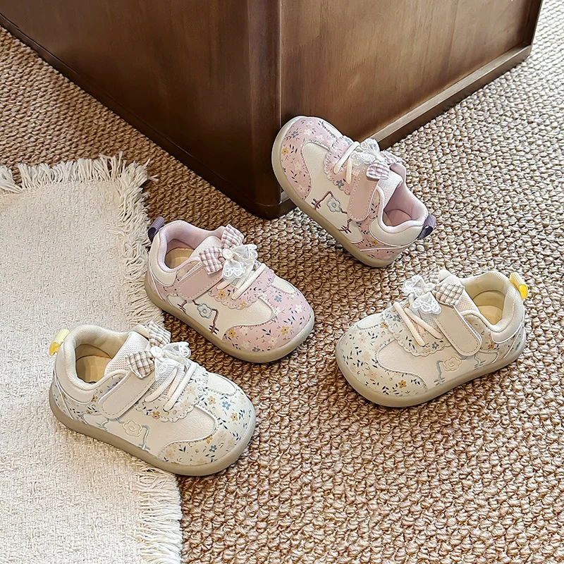 Toddler Girls Floral Bow Sneakers Magic‑Tape Fake Lace‑Up Soft Rubber Sole Casual Walking Shoes ****