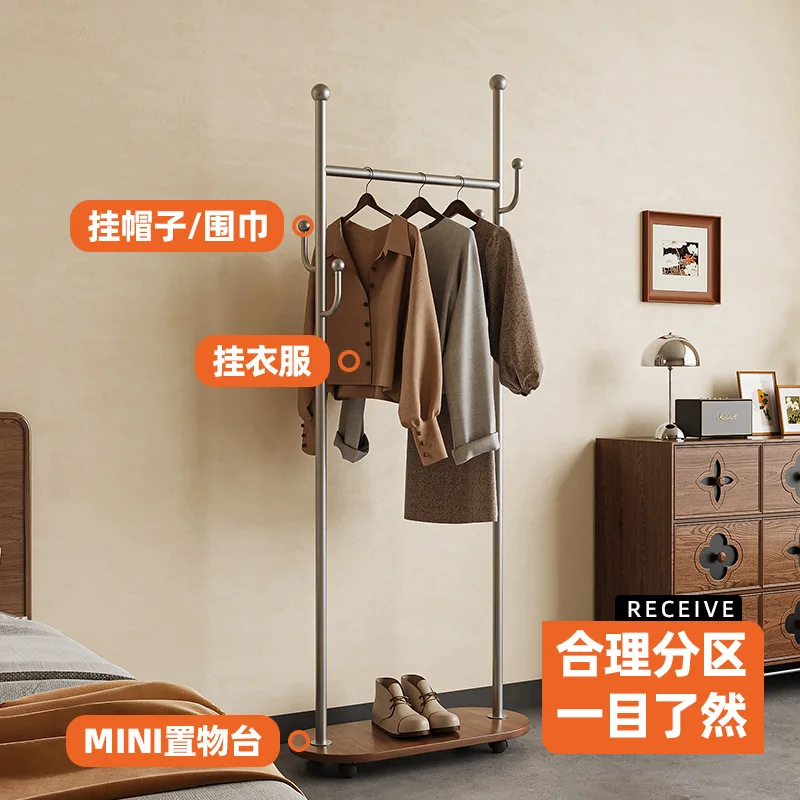 Medieval style solid wood coat rack household bedroom small apartment multi-functional mobile hanger wrought iron hanger storage