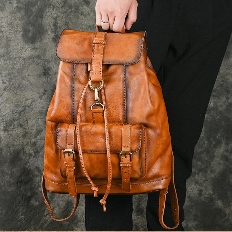 Vintage Men's Backpack Genuine Leather Casual Business Bag Pack for Boys Travel Bag Male Cowhide Large 14 inch Laptop Bag