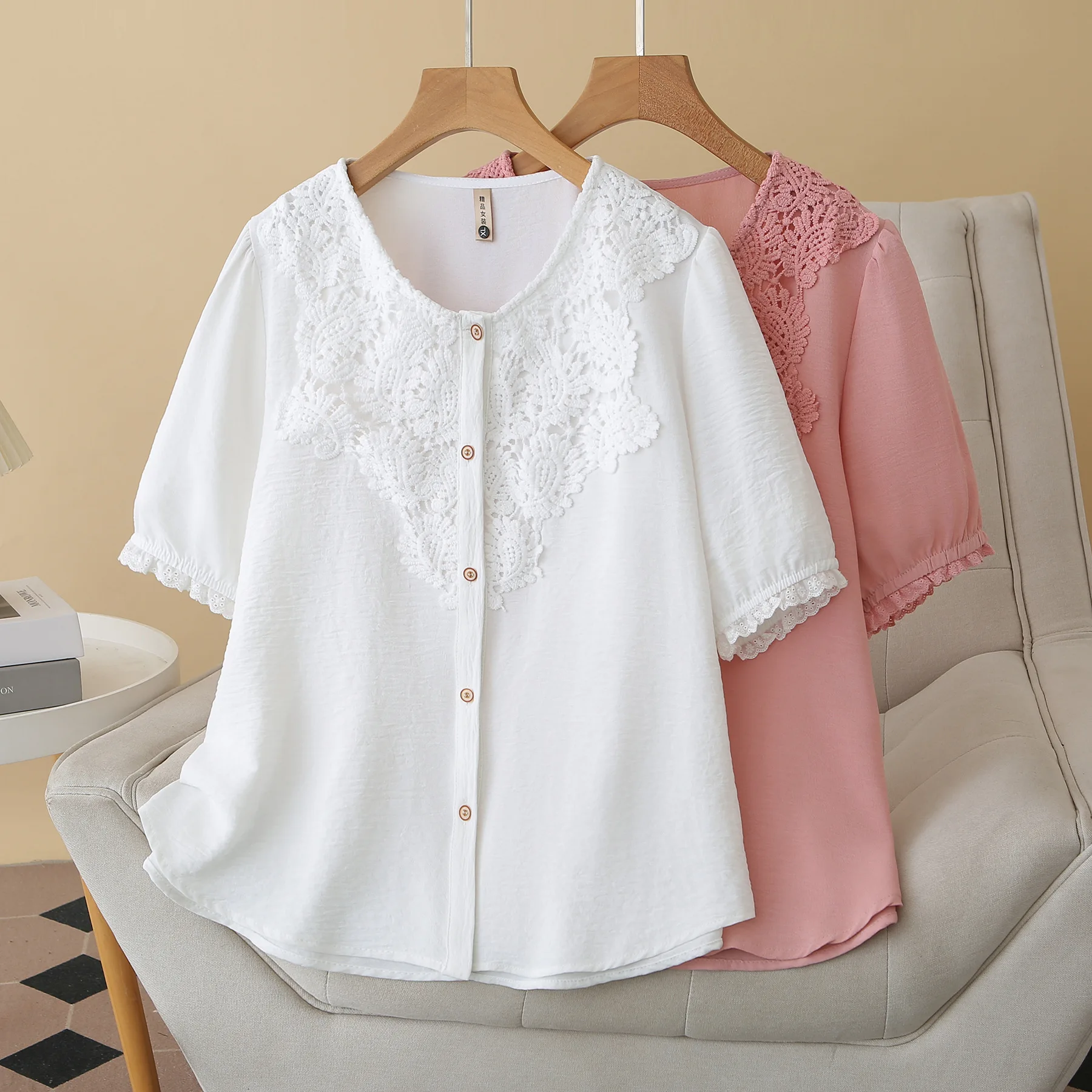 2026 Summer New Plus Size Ice Silk Blouse Short Sleeve Lace Patchwork Open Front Cardigan Loose Oversized Shirt For Women view 5