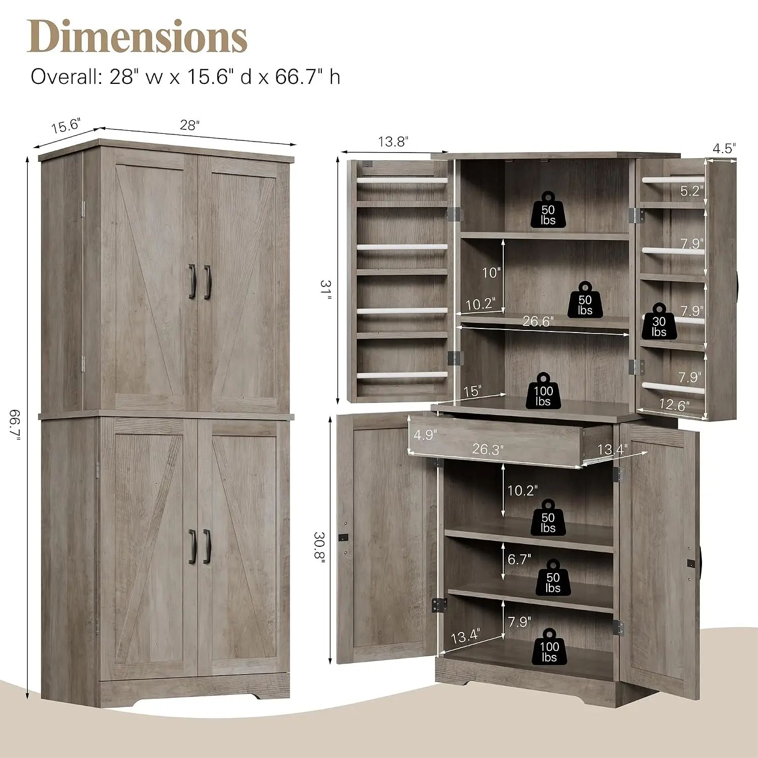 Rustic Wood Pantry Cabinet with Barn Doors & Adjustable Shelves, 6-Tier Storage Cupboard for Kitchen & Dining Room, Customized