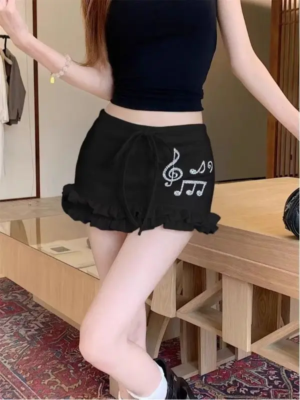 Kimotimo Spicy Girl Diamonds Lace Up Mini Skirt Summer New Ruffle Slim Fit A-line Lady Skirts Fashion Sweet Y2k Aesthetic Faldas