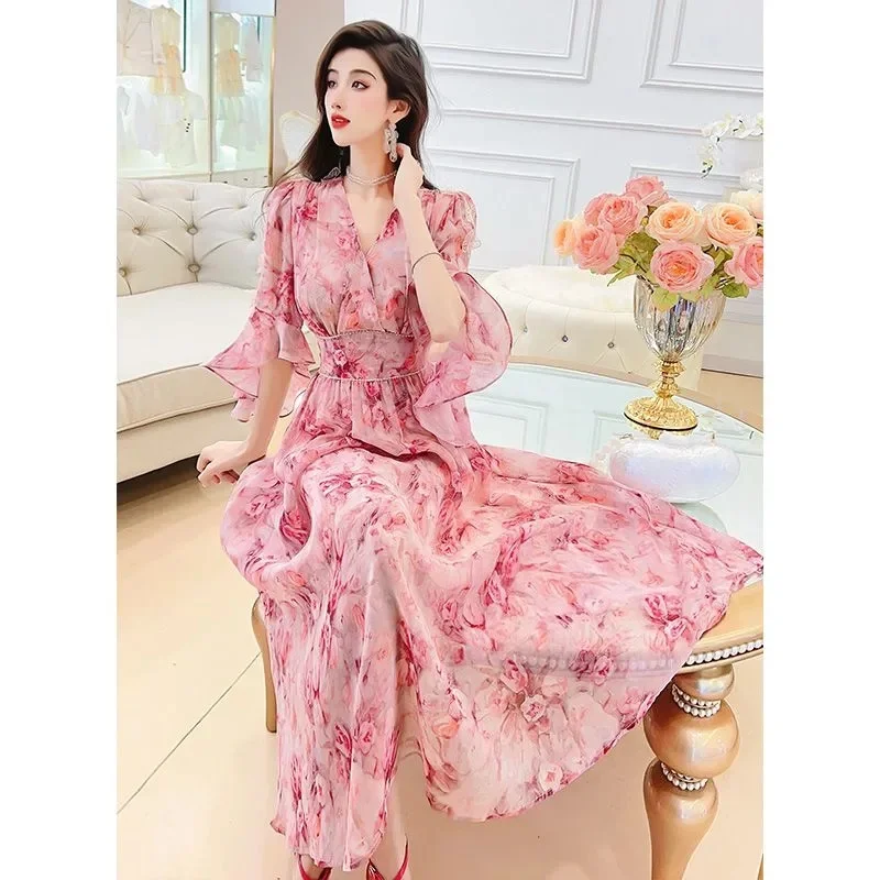 Pink Street Dress Female 2025 Summer French Doll Collar Design Sense Niche Chiffon First Love Platycodon Grandiflorum Dress