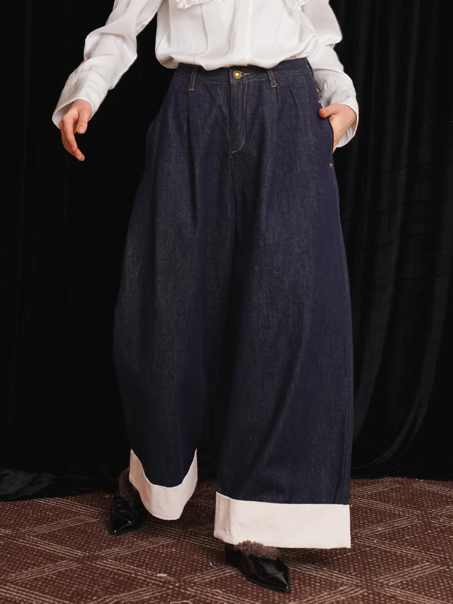 Women's Loose Velvet Denim Wide Leg Pants, Winter