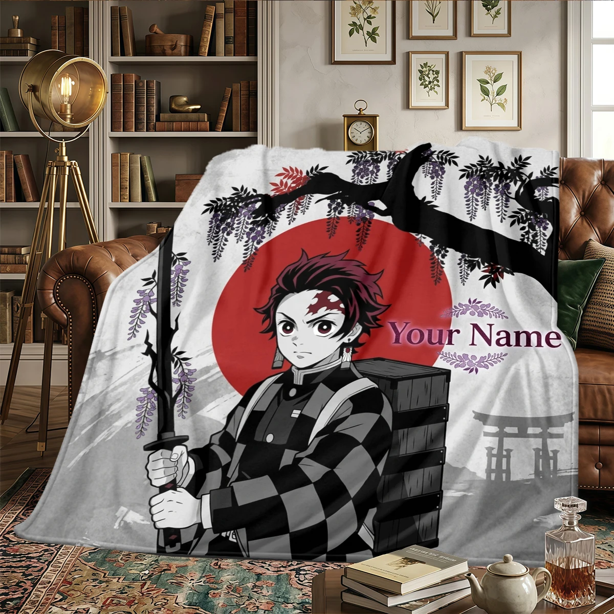 Name Custom Demon Slayer Kimetsu no Yaiba Flannel Blanket Print - Warm Cozy, For Bedroom,Sofa,Bed,Chair,Picnic,Travel -HE32