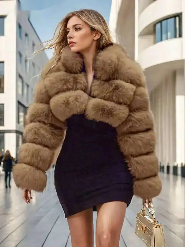 

Fashion Women's Faux Fur Coat Stand Neck Long Sleeve Zipper Short Solid Color Thick Warm Jackets Winter 2026 New 12LN