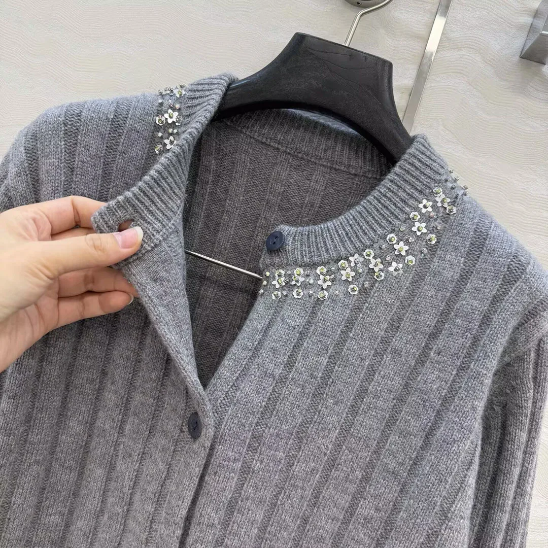 

New Autumn Wool Cashmere Knit Cardigans Women Sequins Beading O-neck Long Sleeve Single Breasted Casual Gray Stripes Sweater