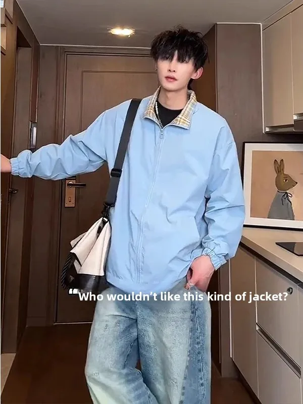 

Vintage Plaid Splicing Men's ort Baseball Jaet Spring Casual Sli Stand Collar Outerwear Polyester Nylon Cosite Fiber