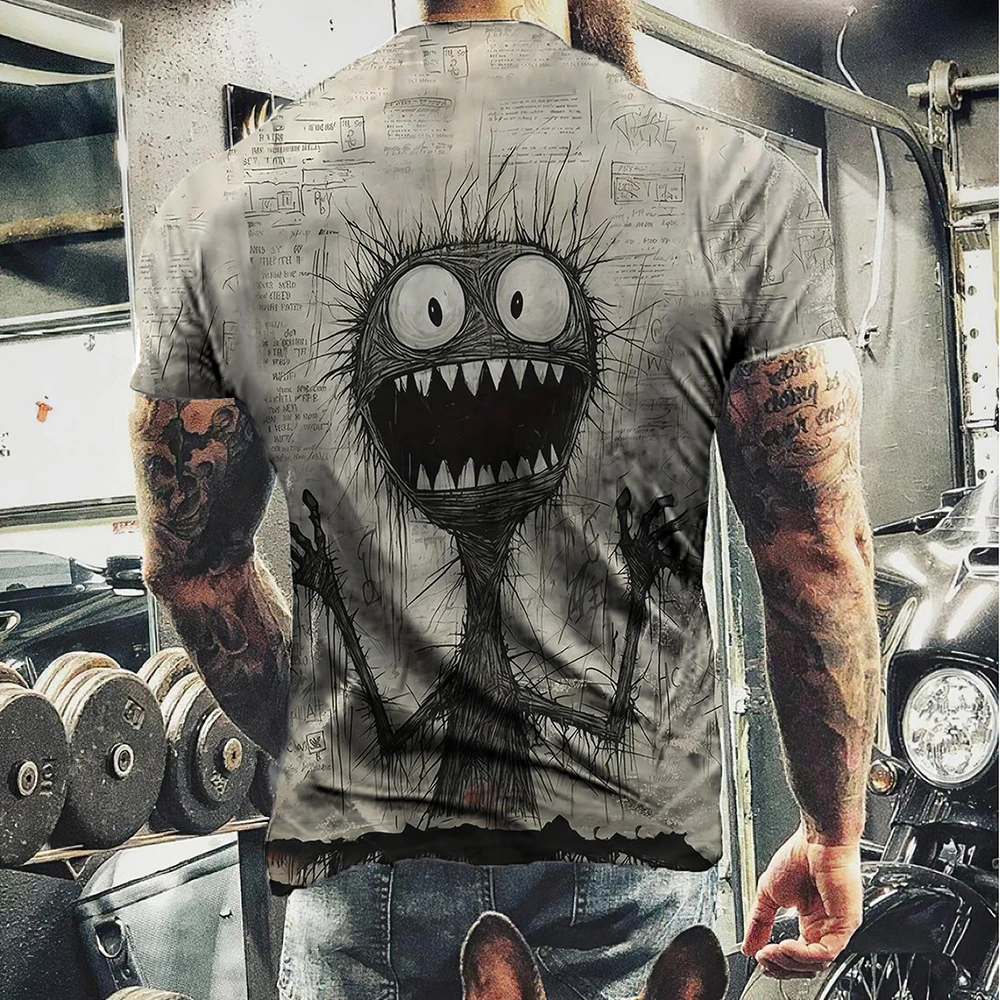 Summer Anime Monster In Panic T Shirts For Men Crew Neck Loose Short Sleeve Tee Shirt Outdoor Oversized T-shirt Men Clothing 3XL