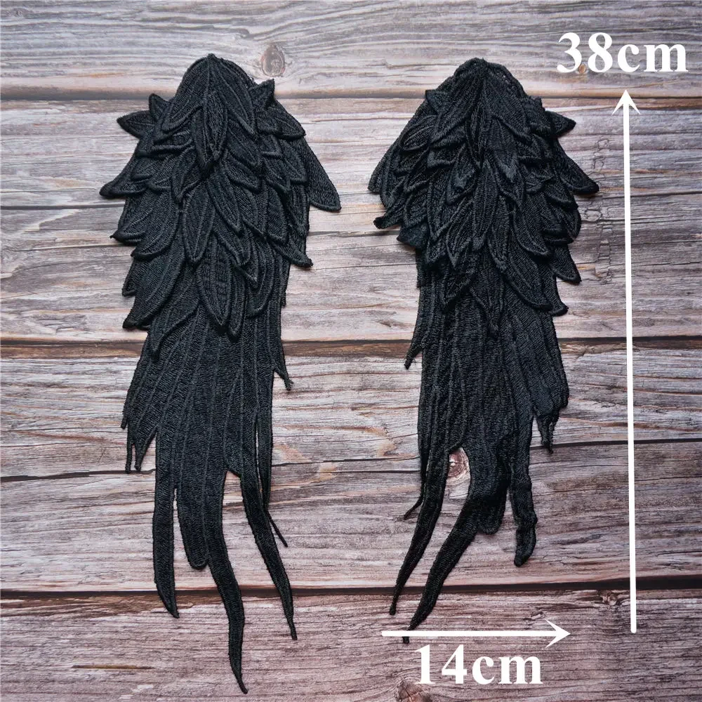 2PCS Black Feather Wings Fabric Embroidery Gown Appliques Collar Sew On Patches For Wedding Decoration Dress DIY