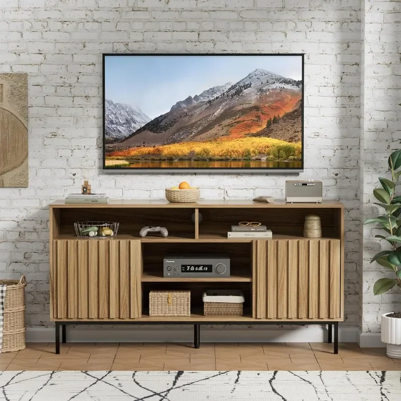 ZHENXIANG-Meuble TV moderne du milieu du siècle, meuble TV en bois naturel, support TV pour chambre à coucher, salon, jusqu'à 50 ", 55", 60/65"