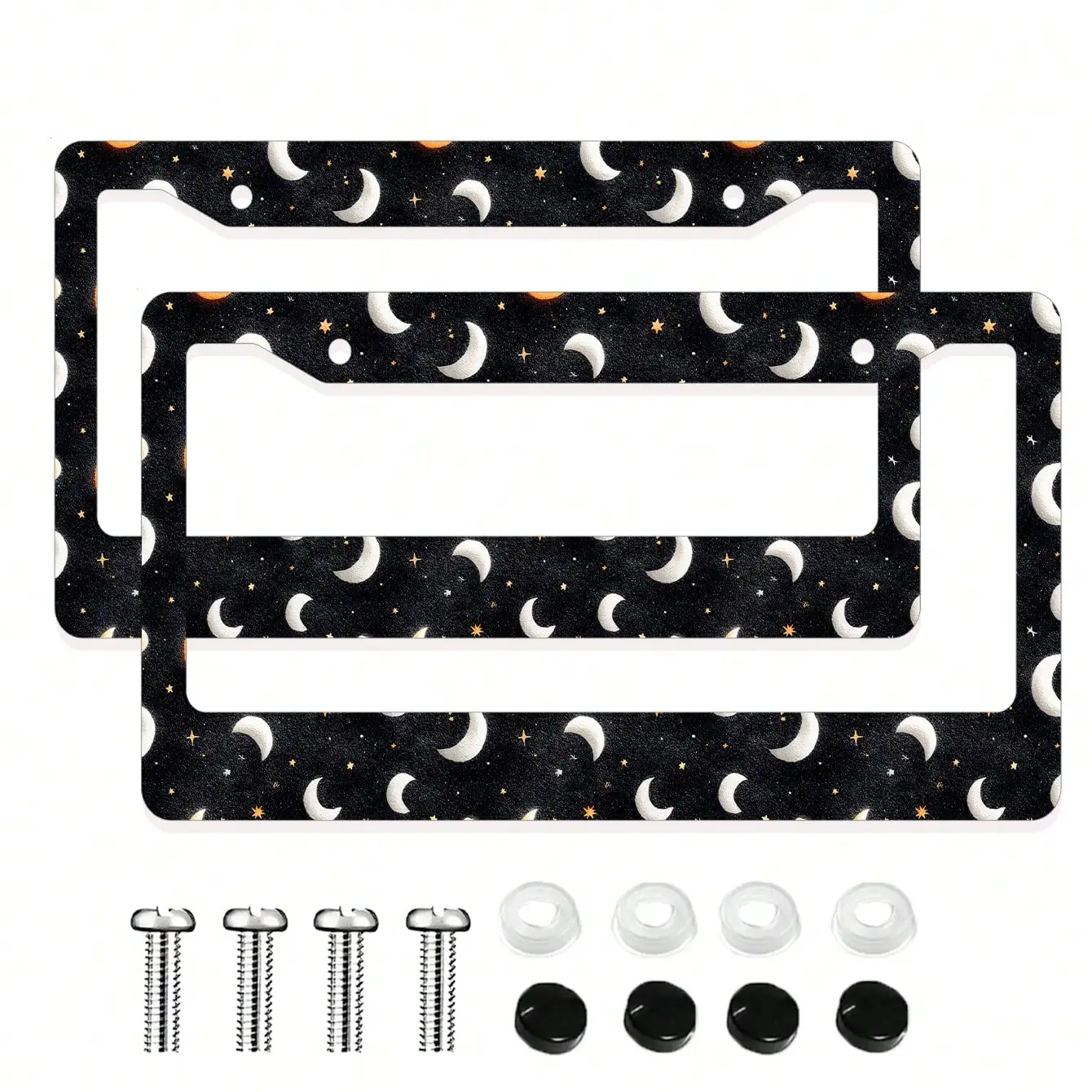 

2PC Black Novelty Cartoon - Themed License Plate Frame With Moon And Prints, Aluminum, 6x12 Inches, 2 - Hole, With Screw Kit, Car Decoration, Great As A, Meets US Car Standards