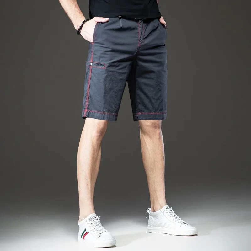 Trendy Fashion Summer Cargo Shorts Men Pockets Zippers Contrast Color Bright Line Decorat Casual Knee Length Straight Short Pant