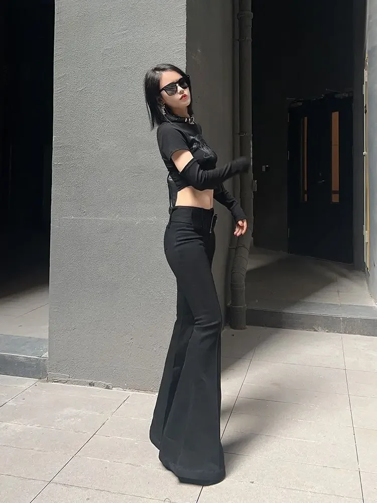 جينز أسود عتيق بخصر منخفض مضيئة للنساء بنطلون طويل من قماش الدنيم للتخسيس ملابس خروج ضيقة بجزء سفلي سروال قوطي عصري #4