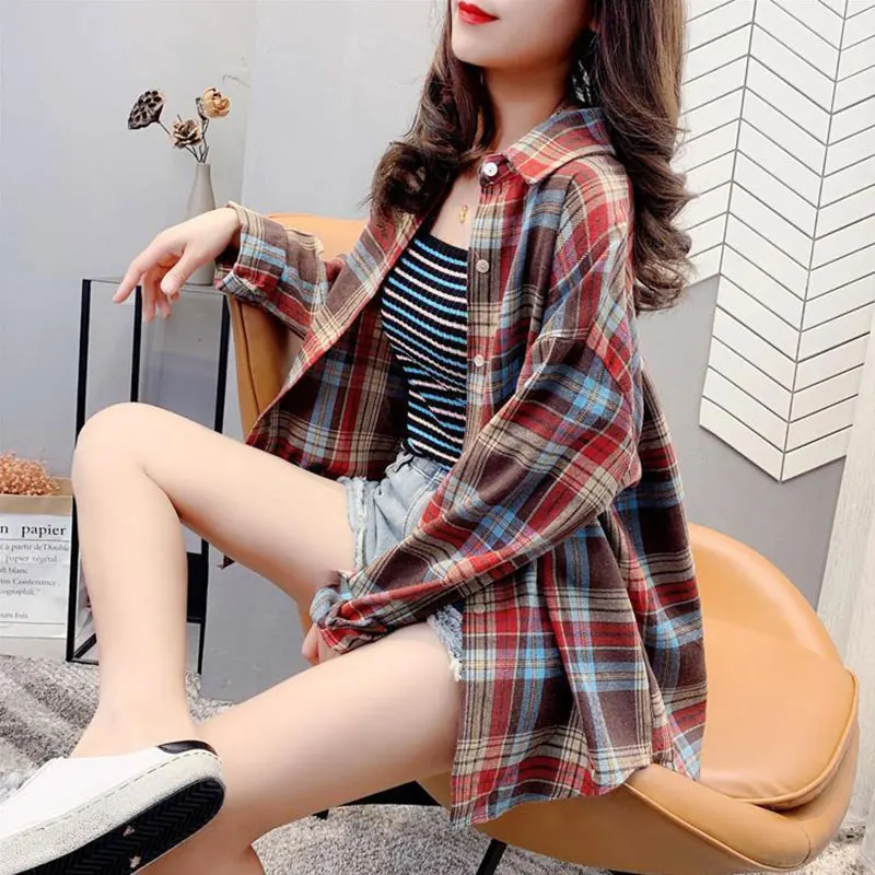 Women\'s Autumn Fashion Office Lady Simplicity Plaid Turn-down Collar Long Sleeve Shirts Women Clothes Casual All-match Loose Top