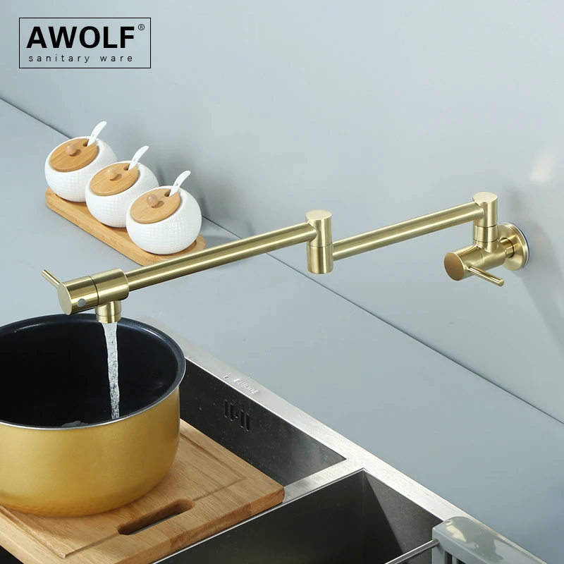 Awolf Brushed Gold Wall Mounted Kitchen Faucet Folding Pot Filler Solid Brass 360 Degree Rotation Single Hole Sink Faucet FW008