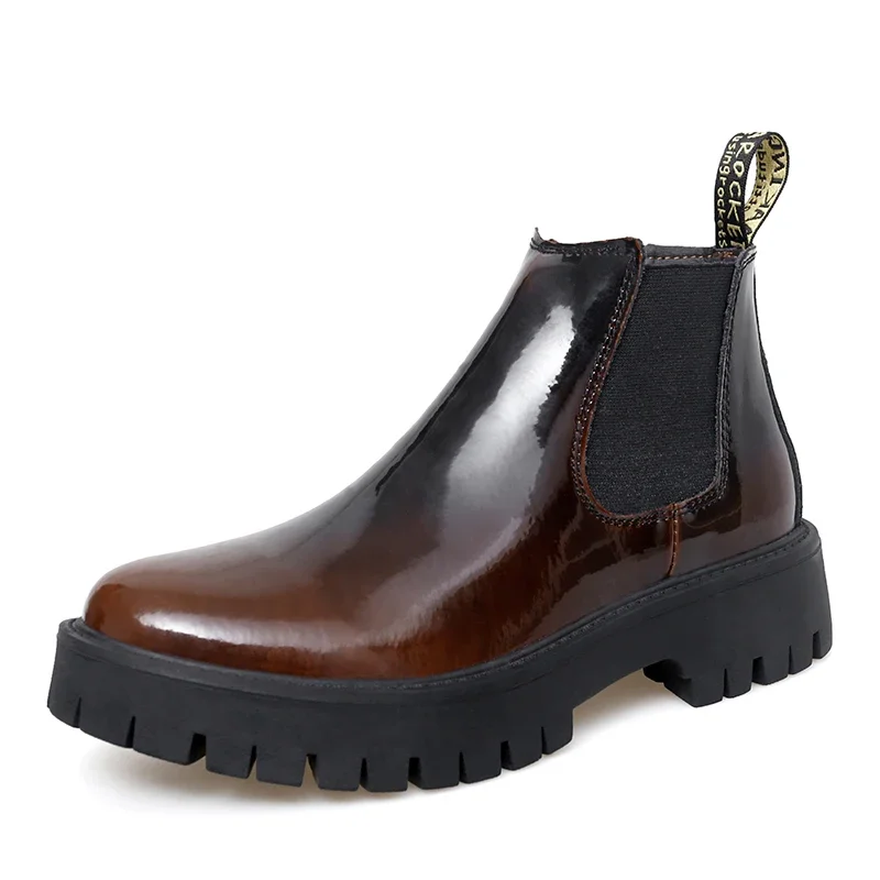 Patent Leather Mens Platform Chelsea Boots Thick Bottom British Style Fashion Ankle Shoes