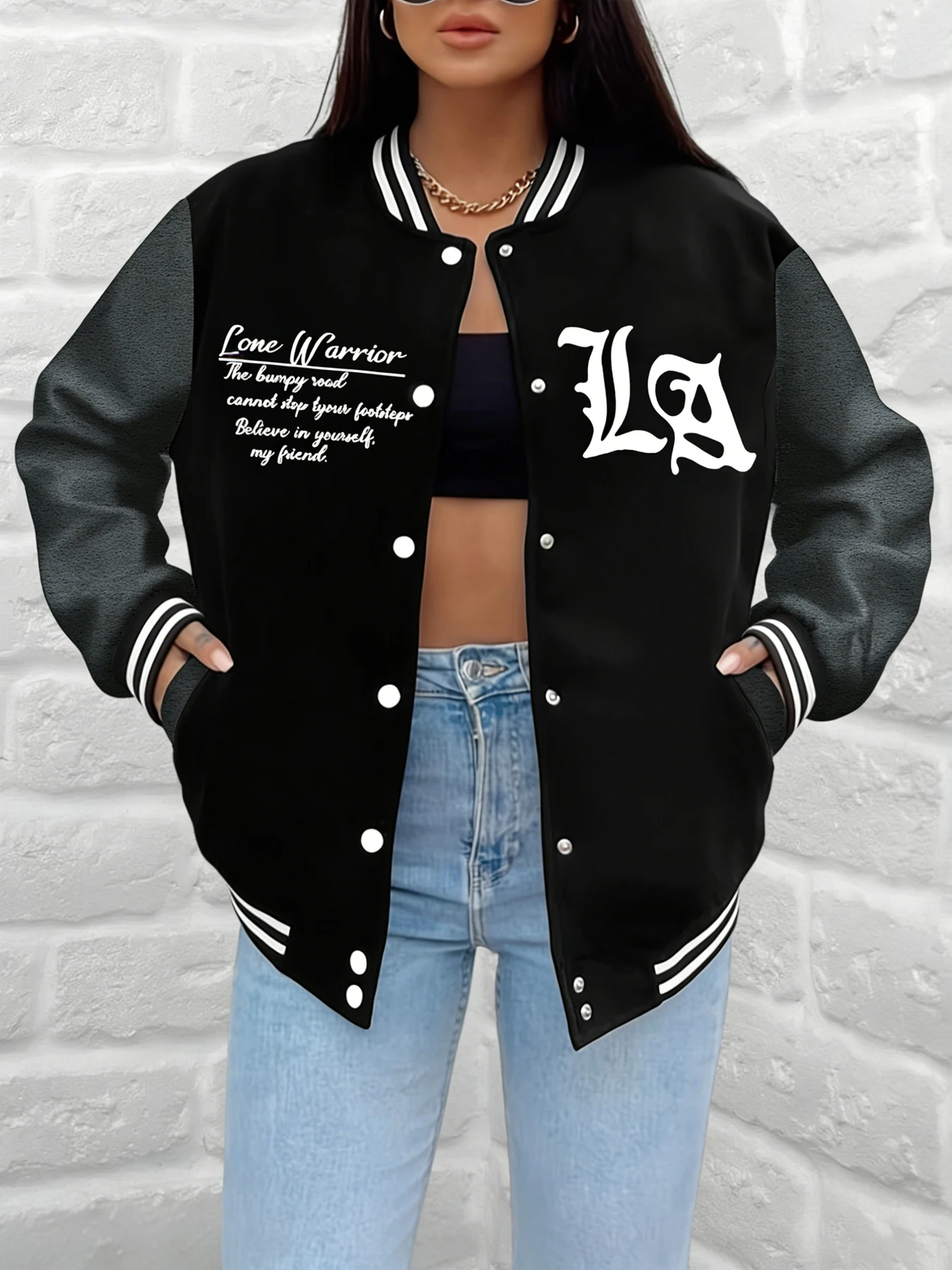 Women Lone Warrior Print Baseball Jacket LA Letter Graphic Varsity Coat Loose Fit Outerwear Casual Street Daily Wear