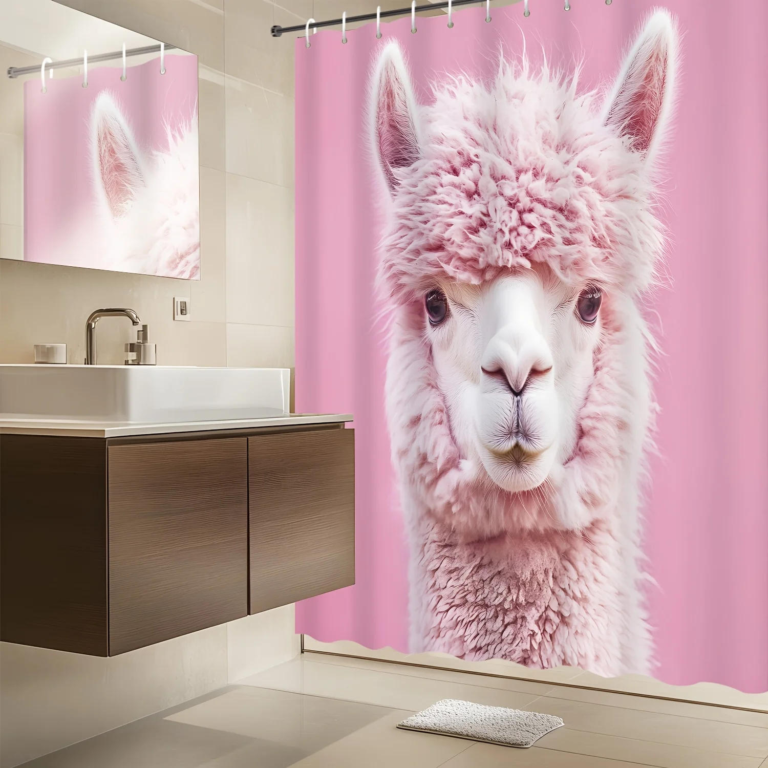 Cute Alpaca Shower Curtain Waterproof Fabric Bathroom Curtains Pink Llama Bath Screen Divider Home Decor With Hooks