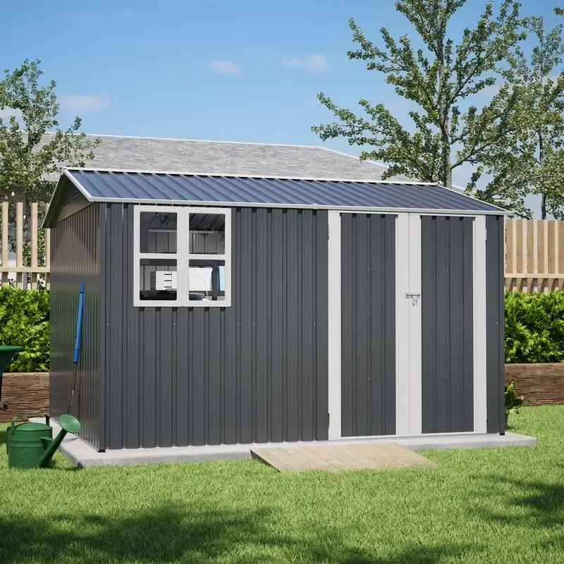 

10x8ft Outdoor Steel Storage Shed, Lockable Doors, Weather-Resistant Metal Tool Shed for Garden, Backyard, and Utility Storage,