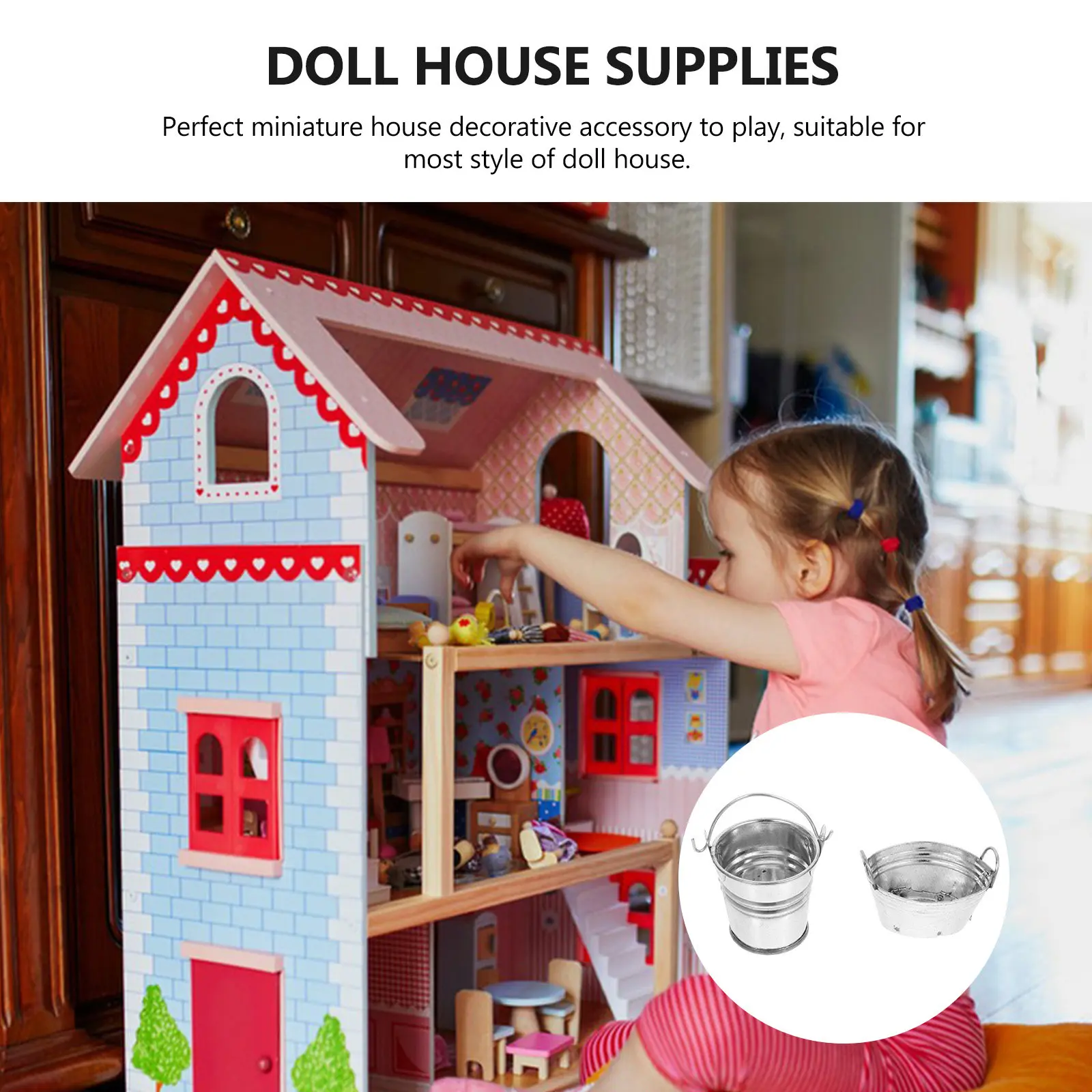 

2Pcs Mini Metal Buckets for Dollhouse Decor Kids Play Set Fine Crafted Realistic Tiny Bucket Accessories for Imaginative Play