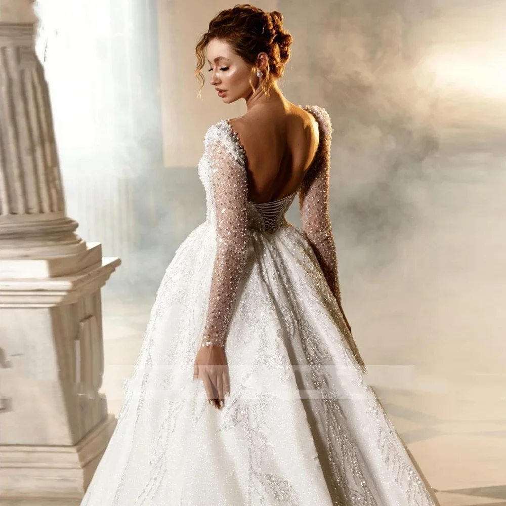 Vestido De fiesta De princesa personalizado, vestidos De Novia con brillo real, cuello barco, manga larga, bordado De encaje, Vestido De Novia