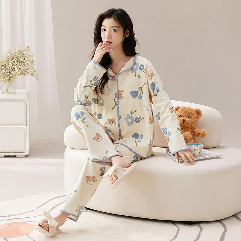 Bear Blue Flower Women Pajamas Set Long Sleeves Long Pants Autumn Winter Cute Kawaii Sleepwear Pyjamas Soft Pijamas Ladies Cozy