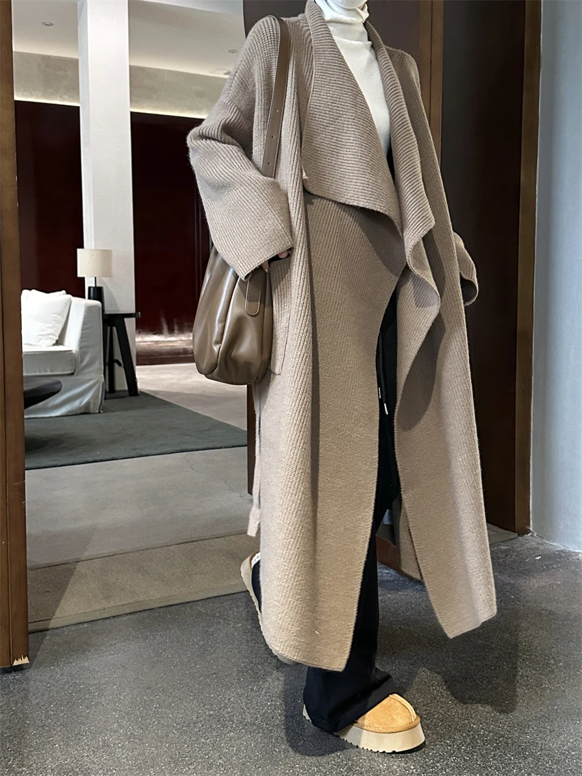 

New autumn and winter coat belt long lapel plus size sweater jacket women's pocket solid color loose knit cardigan
