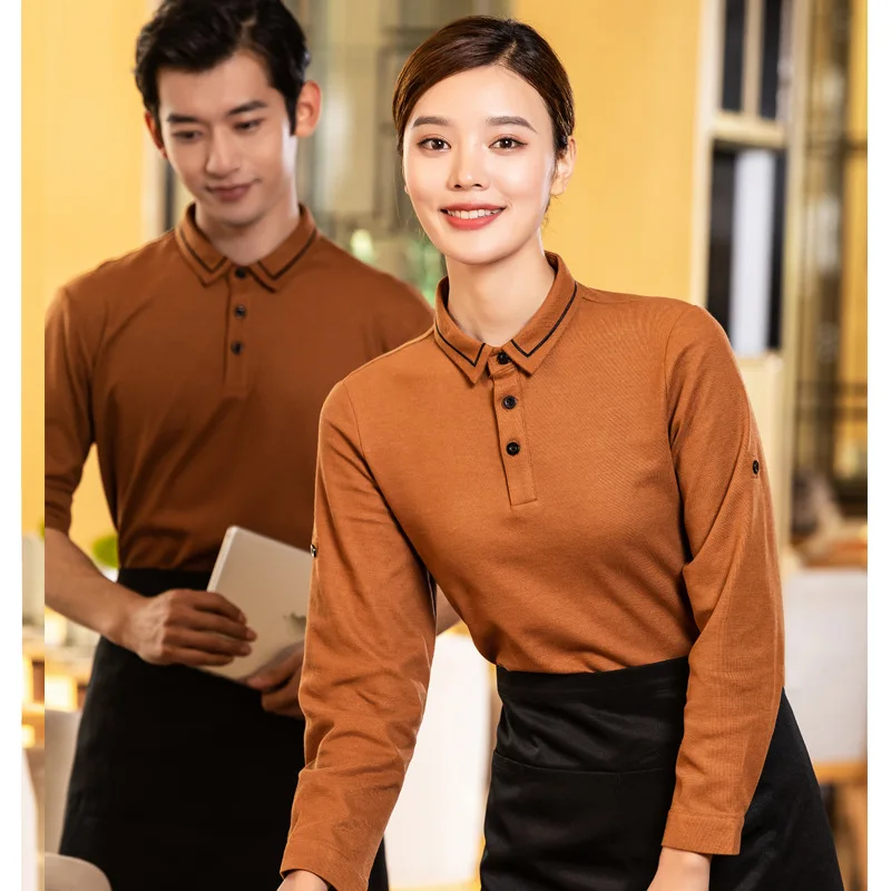 

Embroidered Collar Side T-shirt Long Dining Waiter Workwear Canteen Supermarket Snack Takeaway Hot Pot Restaurant Farmhouse Rest