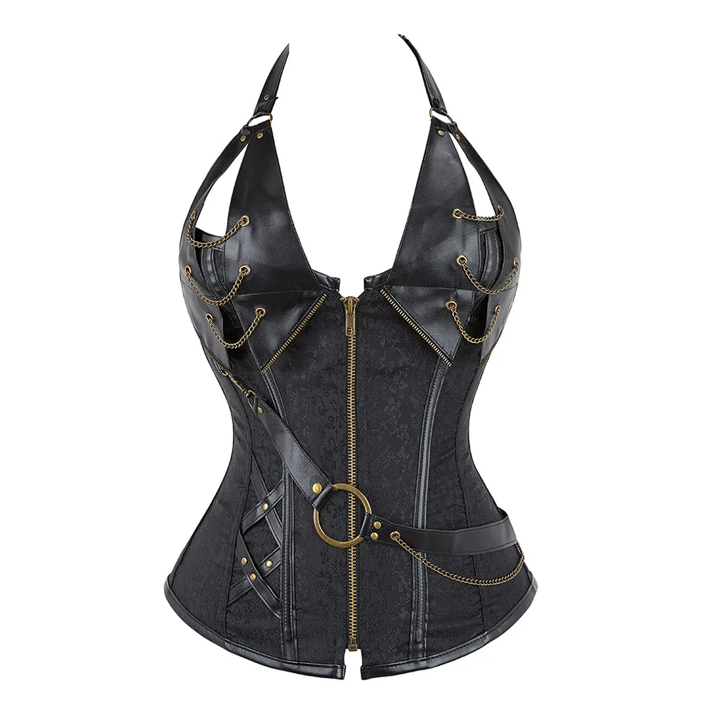 Steampunk Leather Corsets Top Plus Size Sexy Halter Overbust Bustier Gothic Pirate Vintage Outerwear Burlesque Basque Costume