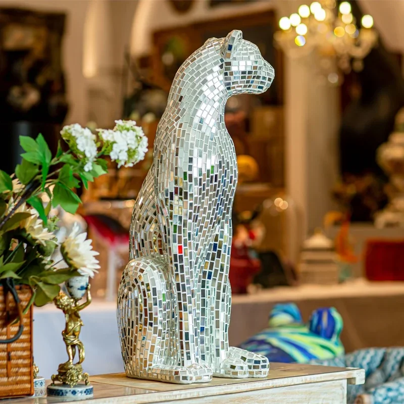#￥Modern Indoor Home Decor Art Cheetah Sculpture Mosaic Glass Leopard Animal Figurine Luxury Living Room Floor Ornaments Statues