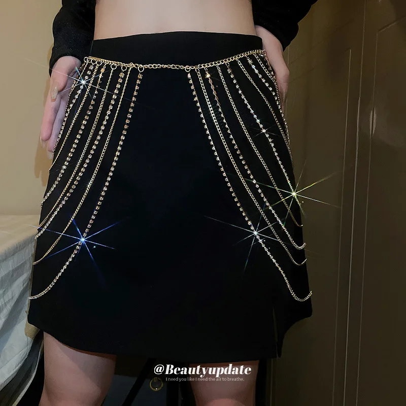 Overdreven Strass Ingelegde Lange Kwast Creatief Ontwerp Rok Tailleketting Modieuze Zware Luxe Body Chain Geschenken Voor Vrouwen