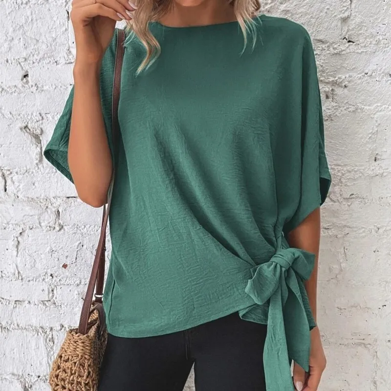 Women's Sexy Blouse Fashion Versatile Slant Asymmetric Round Neck Short Sleeved Asymmetrical Shirt Batwing Sleeve Hem Knot Top