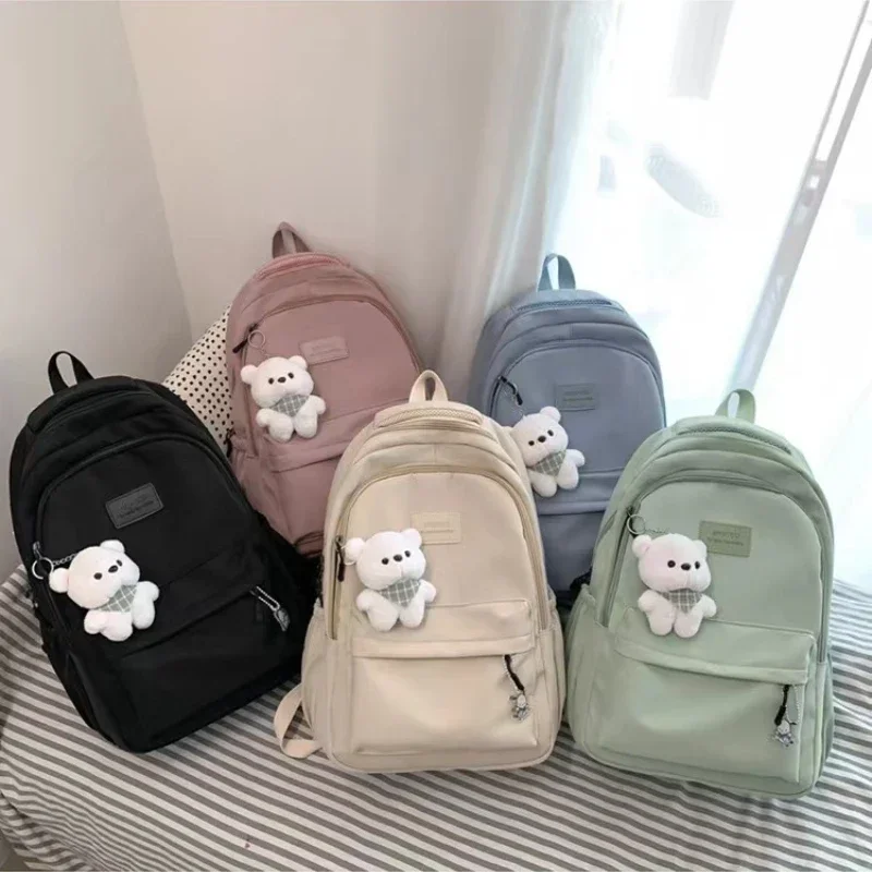 Stylish Back to School Bag Capacity Women's Backpack Laptop Schoolbag Ladies Waterproof Backpacks Woman Bags Cute Bear pendant