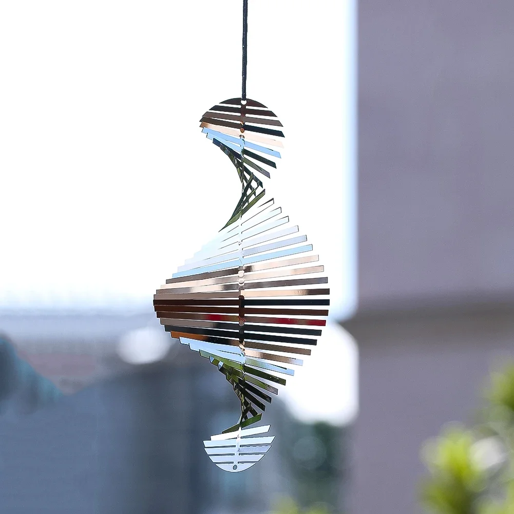 Flip Spiral Wind Spinner 3D Fishbone Whirligig Wind Chimes Catcher Outdoor Garden Hanging Decor Mirror Reflective Bird Deterrent