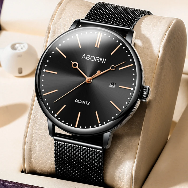 

ABORNI Лидер продаж Мужские часы из нержавеющей стали с сетчатым ремешком Модные водонепроницаемые мужские часы Высокое качество Повседневные деловые наручные часы