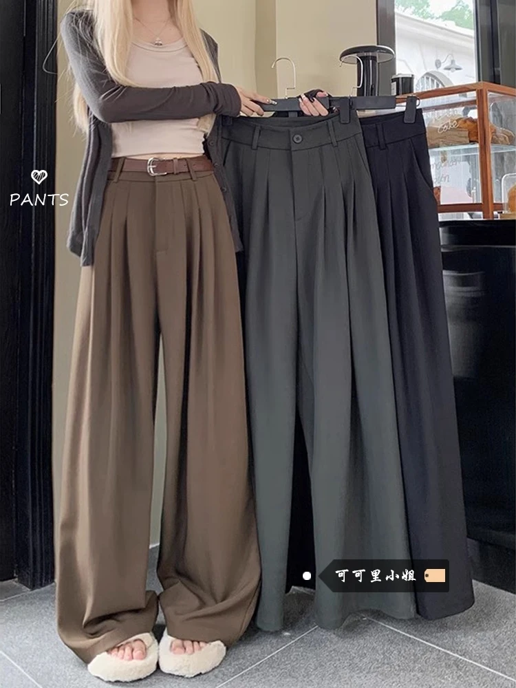 Pantalones de traje sueltos hasta el suelo para mujer, cintura alta, delgados y nicho, pantalones de pierna ancha negros, pantalones casuales Ins, verano, nuevo