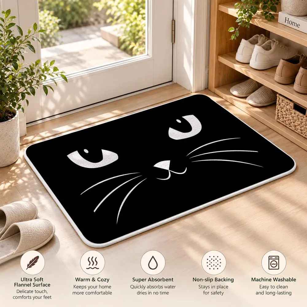 Mysterious Black Cat Eyes Floor Mat Flannel Rug Soft Non Slip Washable Door Mat for Bathroom Bedroom Kitchen Home Decor