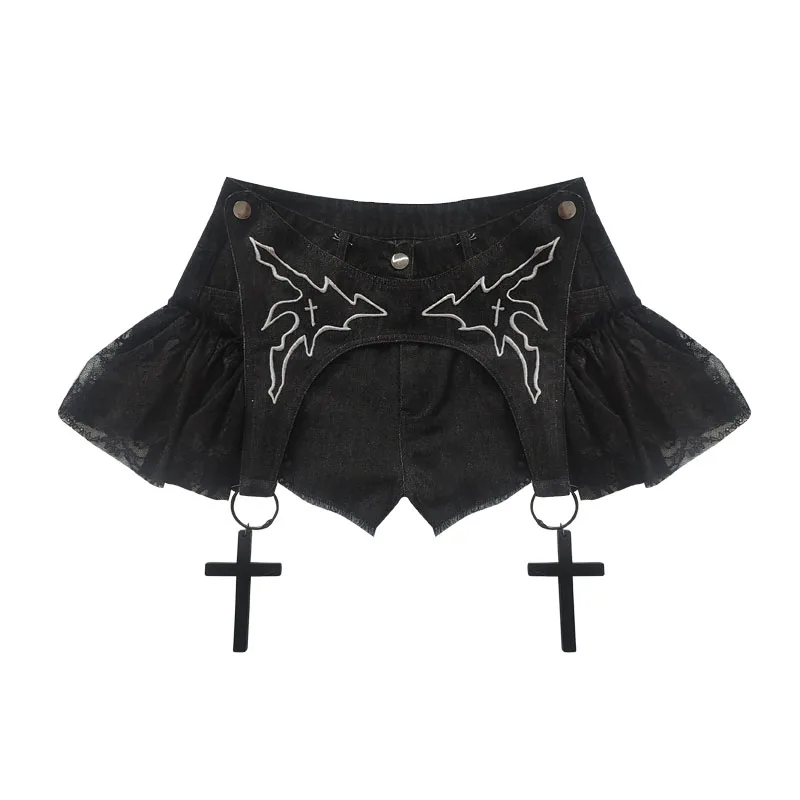 Original Design Black Lace Splicing Embroidered Women's Short Skirt Pants Punk Dark New Slimming Sweet Cool Denim Shorts Ladies
